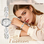 Women's faux pearl beaded bracelet watch, adjustable sliding clasp strap, quartz analog dial, faux diamond embellishments, Arabic numeral markers, stylish and exquisite, a perfect gift for girls and women