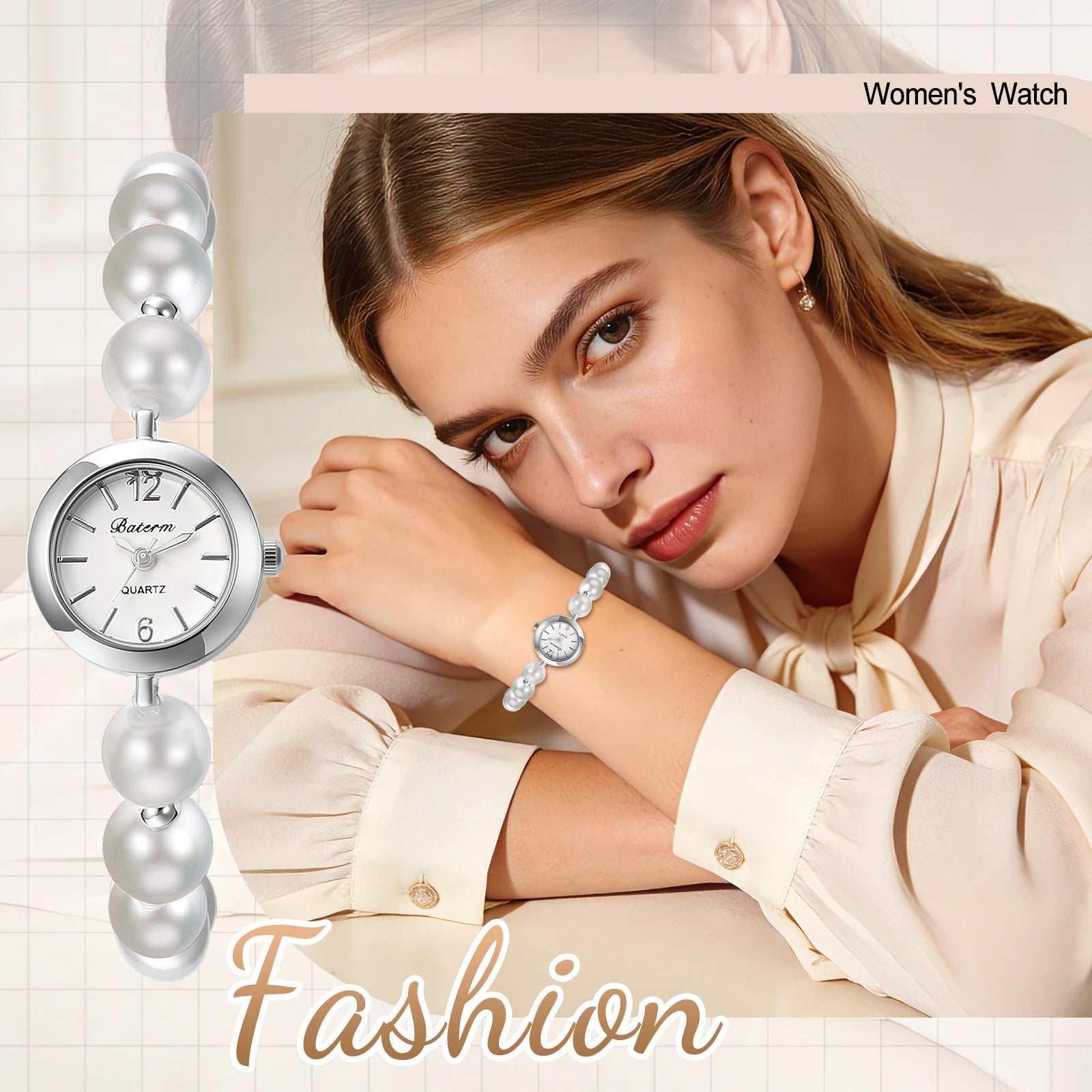 Women's faux pearl beaded bracelet watch, adjustable sliding clasp strap, quartz analog dial, faux diamond embellishments, Arabic numeral markers, stylish and exquisite, a perfect gift for girls and women