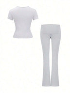 Womens Two Piece Casual Sport Set Round Neck Short Sleeve Top And Straight Pants