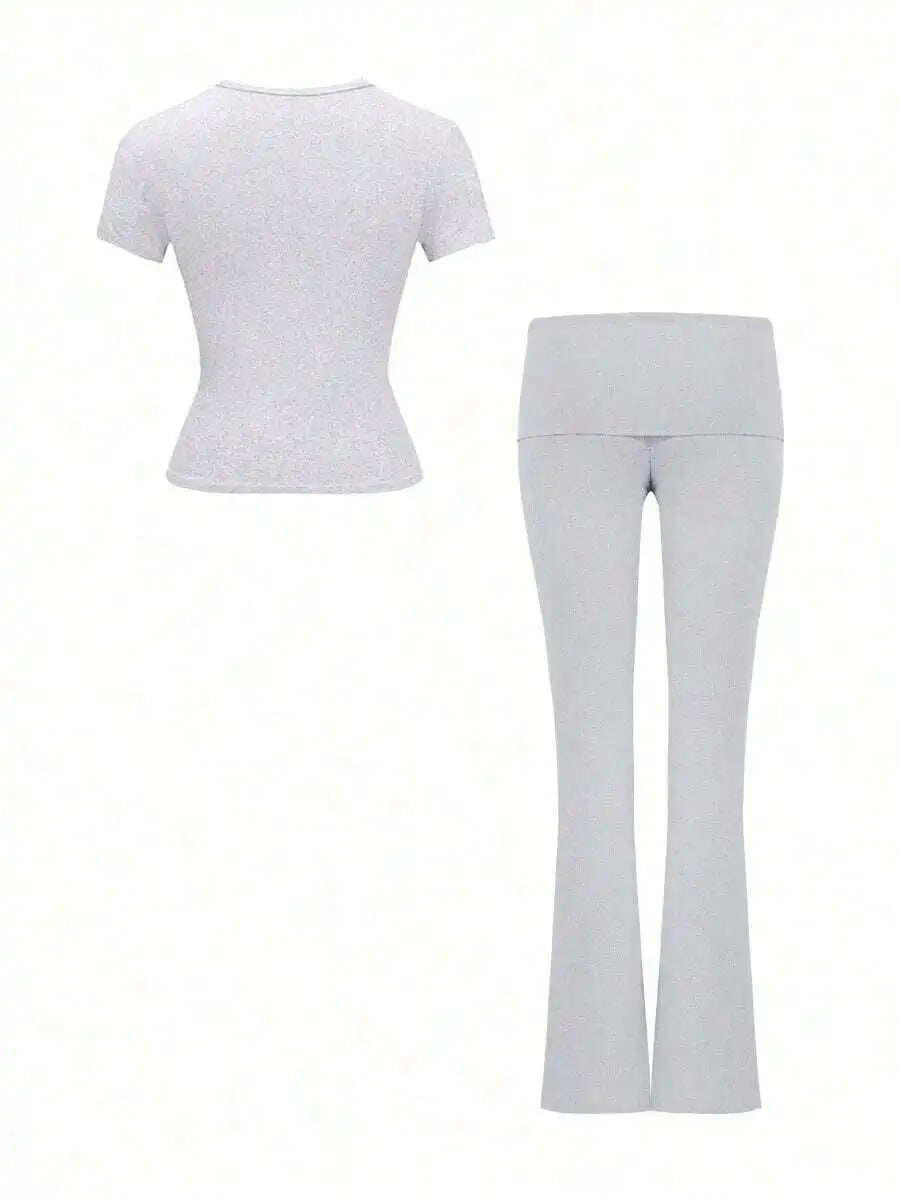 Womens Two Piece Casual Sport Set Round Neck Short Sleeve Top And Straight Pants