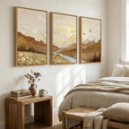 Set of 3 Framed Brown Neutral Sunset Mountain Landscape Canvas Wall Art Prints 24 X 36 Inch, Natural Scenery Artwork with River Deer Birds for Living Room Bedroom Office Indoor Home Wall Decor