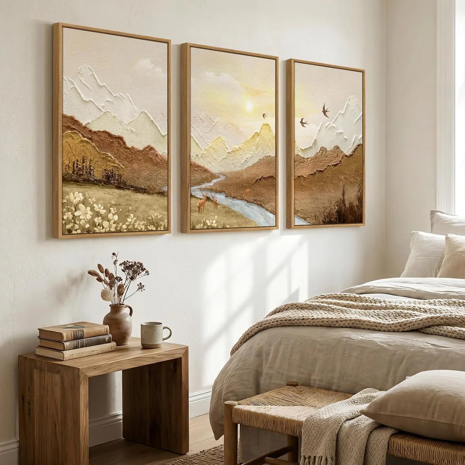 Set of 3 Framed Brown Neutral Sunset Mountain Landscape Canvas Wall Art Prints 24 X 36 Inch, Natural Scenery Artwork with River Deer Birds for Living Room Bedroom Office Indoor Home Wall Decor