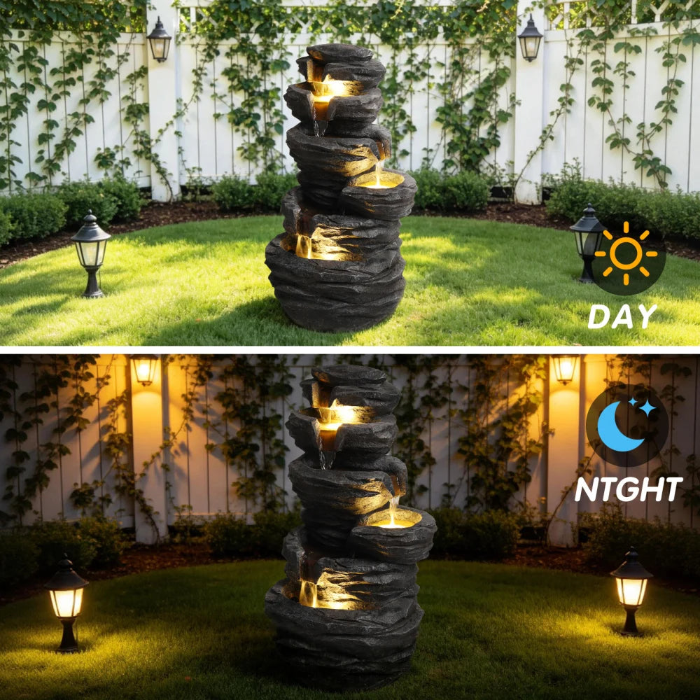 Outdoor Rock Water Fountain with Lights Multi Tier Cascading Waterfall Resin Garden Fountain for Patio Yard Porch Landscape