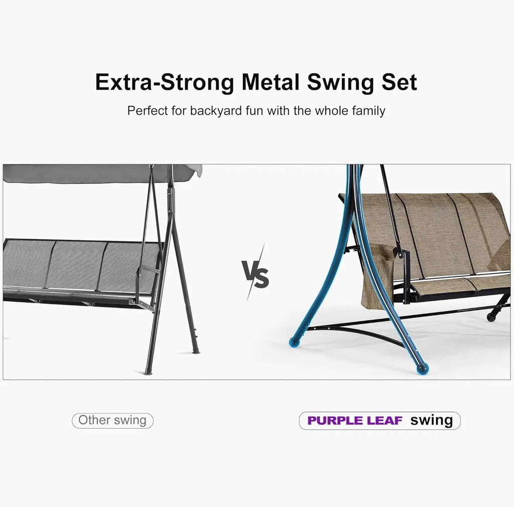 3-Seat Deluxe Outdoor Patio Porch Swing with Weather Resistant Steel Frame, Adjustable Tilt Canopy, Beige
