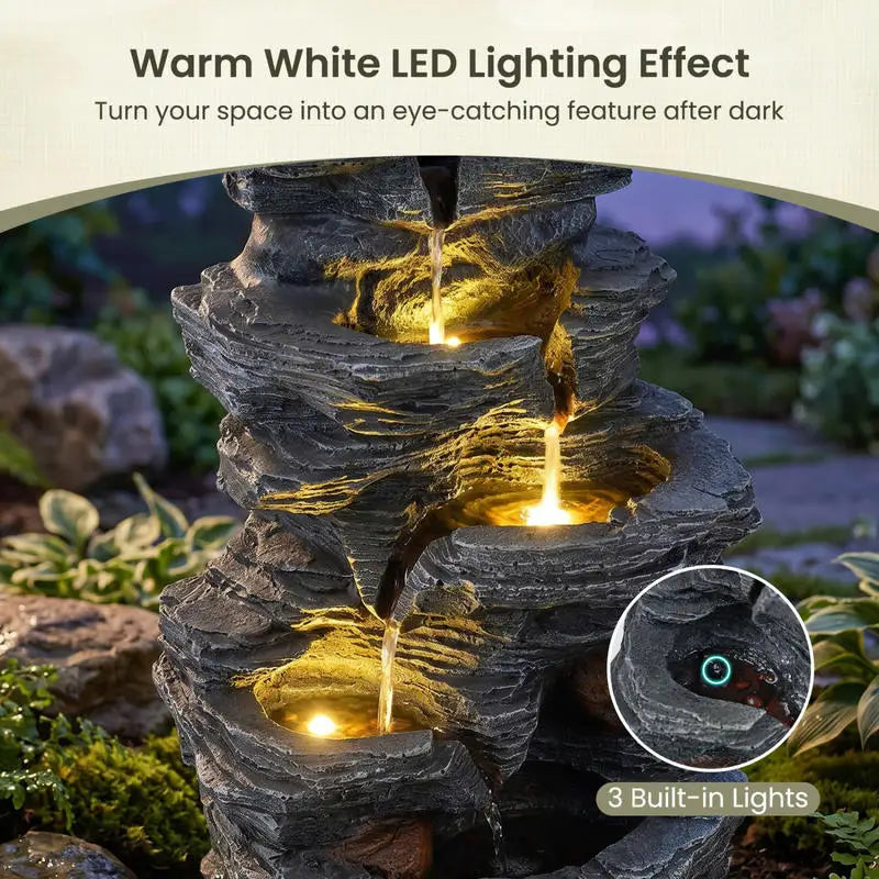 Outdoor Water Fountain with LED Lights and Pump 5-Tier Tabletop Cascading Rock Waterfall Feature