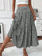 Womens Ditsy Floral A-Line Skirt With Pockets Elastic Waist Ruffle Hem