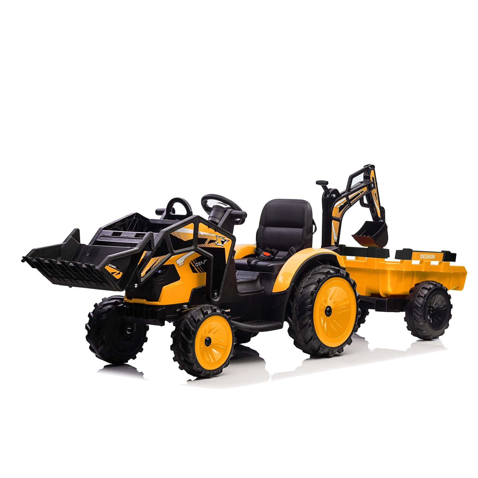 24V 3-in-1 Ride-On Tractor with Excavator & Bulldozer Modes — Kids Electric Construction Vehicle with Trailer, Digger, Shovel Bucket, Parent Remote Control, LED Lights, Music & USB, Battery