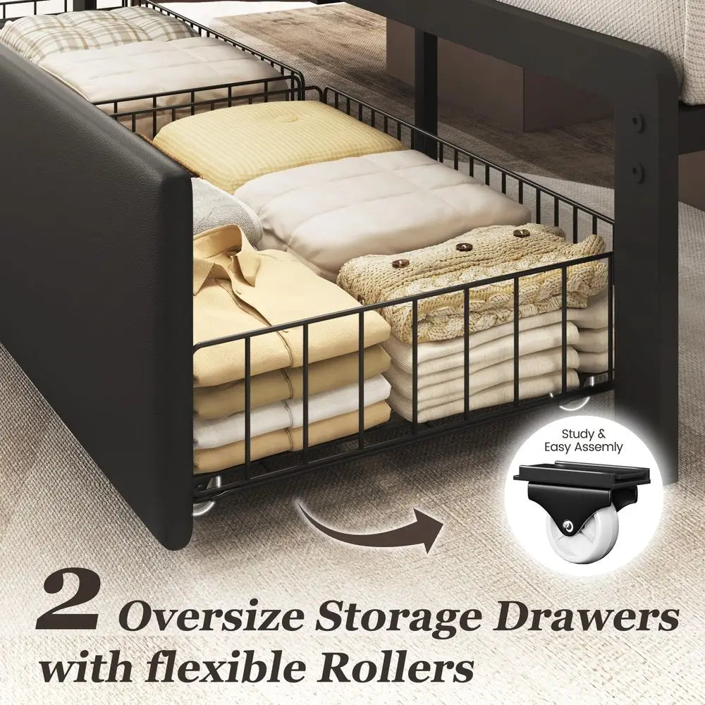 Queen Bed Frame with 2 Storage Drawers, Upholstered Headboard Button Tufted Bed Frame with Charging Station, No Box Spring Need