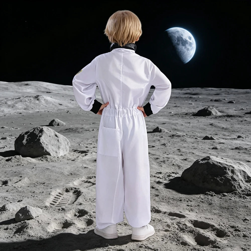 Kids White Astronaut Jumpsuit Space Flight Suit Boys Girls Cosplay Costume Halloween School Stage Role Play Spaceman Outfits