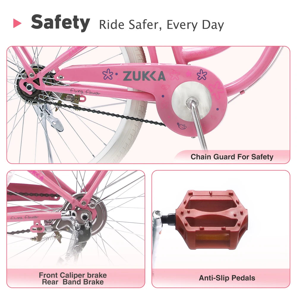 24 inch teenage adult female outdoor cycling, single speed commuter bike with wicker basket and rear rack