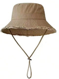 1pc/Set Women's Drawstring Bucket Hat, Adjustable Chin Strap Design, Distressed Effect, Soft Fabric, Sun Protection, Windproof,