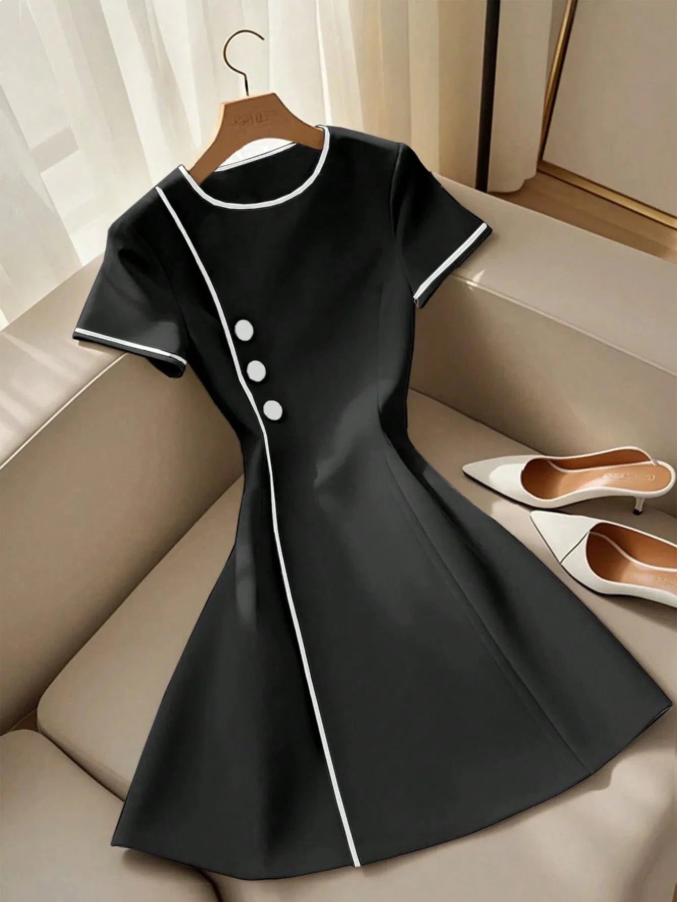 Elegant Black White Piping Short Sleeve Round Neck Button Decor Flared Dress Formal Work Wear