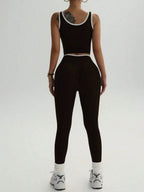 Women's High-Waisted Yoga & Fitness Set - Colorblocked Athletic Top And Leggings, Stretchy Polyester Blend, Perfect For Running