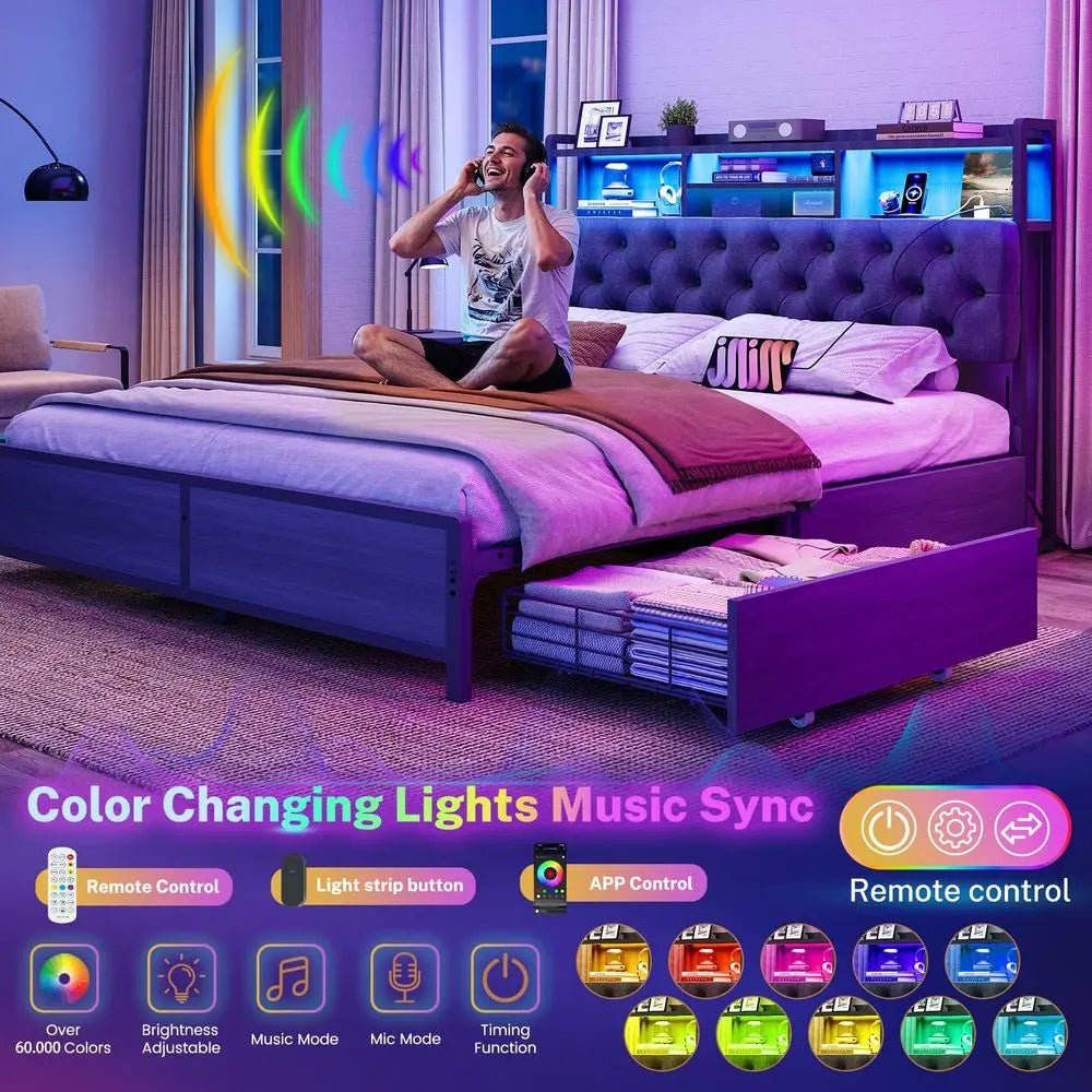 Full Size Bed Frame with Storage 4 Drawers amp LED Lights, Upholstered Headboard with Shelves and Built in Charging Station, Me