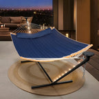 Outdoor 2 Person Hammock with 12 ft Stand and Solar Powered Lights in Dark Blue, Portable