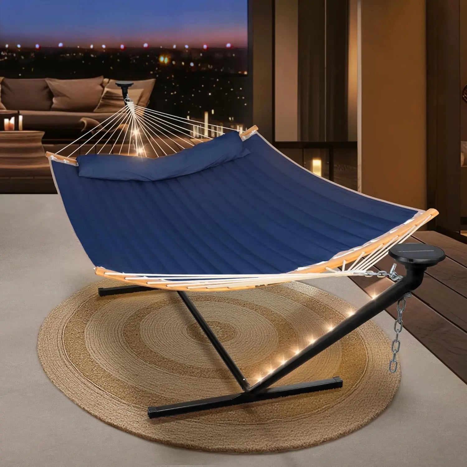 Outdoor 2 Person Hammock with 12 ft Stand and Solar Powered Lights in Dark Blue, Portable