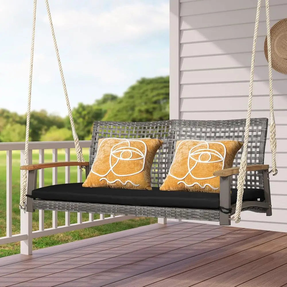 Outdoor 2-Person Porch Swing with Cushion and Ropes, Durable PE Rattan, Up to 800 lbs, Ideal for Patio, Garden (Black)