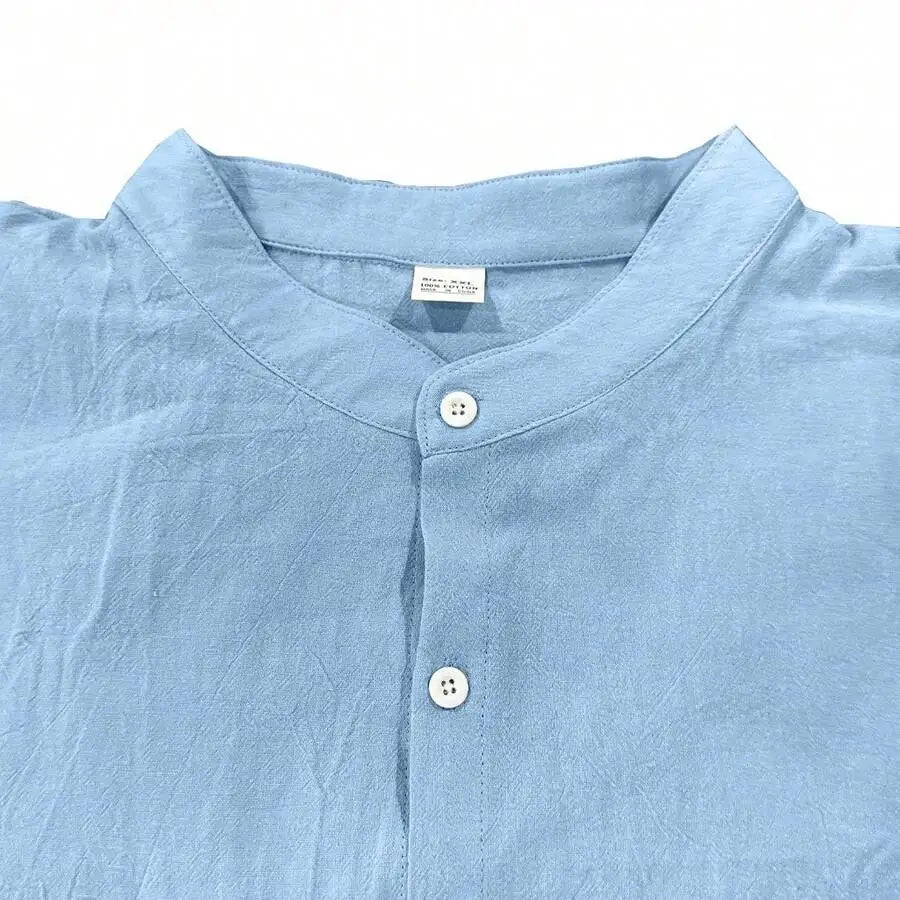 Mens Linen Stand Collar Long Sleeve Button-Up Shirt Loose Breathable Casual Beach Vacation Wear