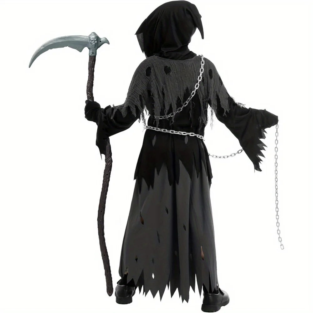Halloween Costume Glowing Eyes Grim Reaper Costume for Kids 5-12 years Boys Halloween Dress-up Party