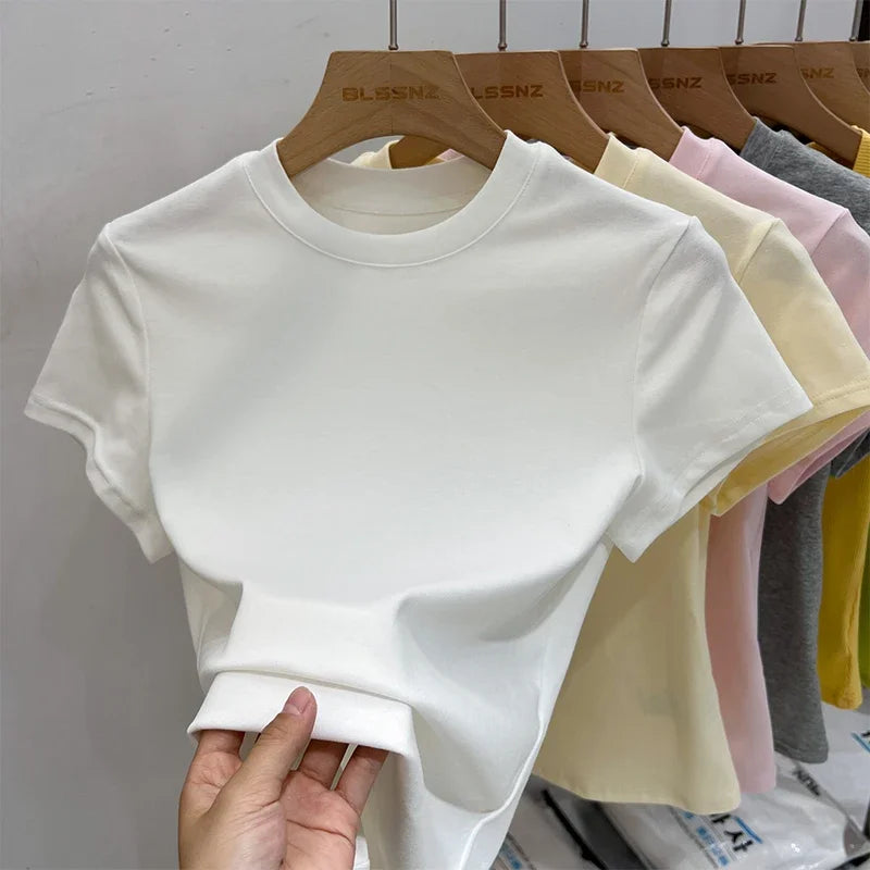 Zjaiss 2026 O-Neck Summer Sexy Basic Solid Short Sleeve T-Shirt Women Casual Korean Streetwear Tee