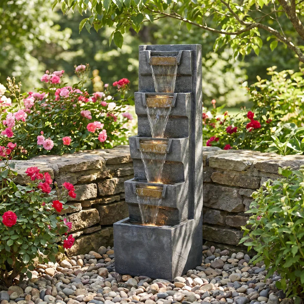 39.4" Outdoor Water Fountain, Tall 4-Tier Cascading Waterfall Fountain with Warm LED Lights, Stone-Look Resin Water Feature with Quiet Pump for Patio Garden Porch Entryway Backyard Decor