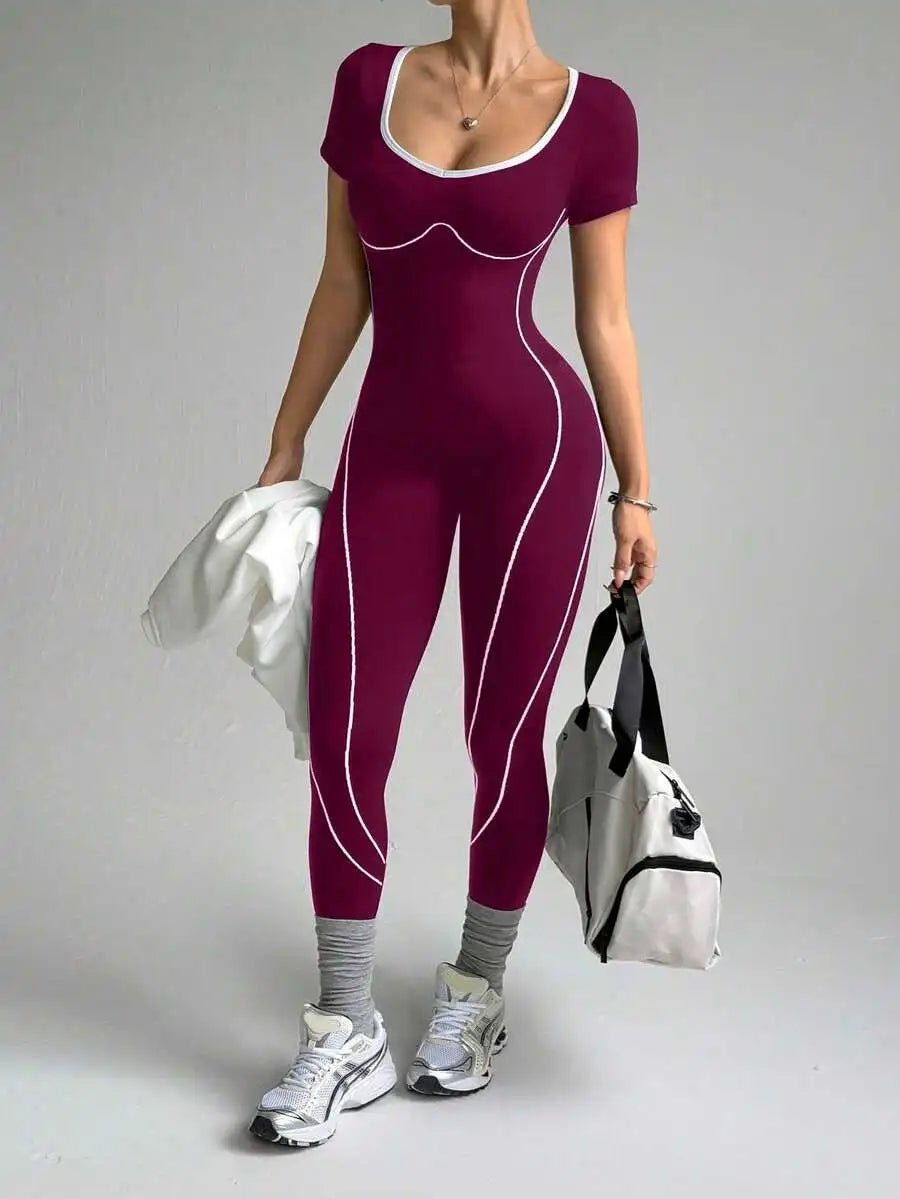 Dewbera Seamless Letter Design Women's Yoga Jumpsuit: Tummy Control Compression Activewear for Running & Fitness