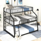 Black Twin XL Full XL Queen Triple Bunk Bed with Long Short Ladder and Full Guardrails