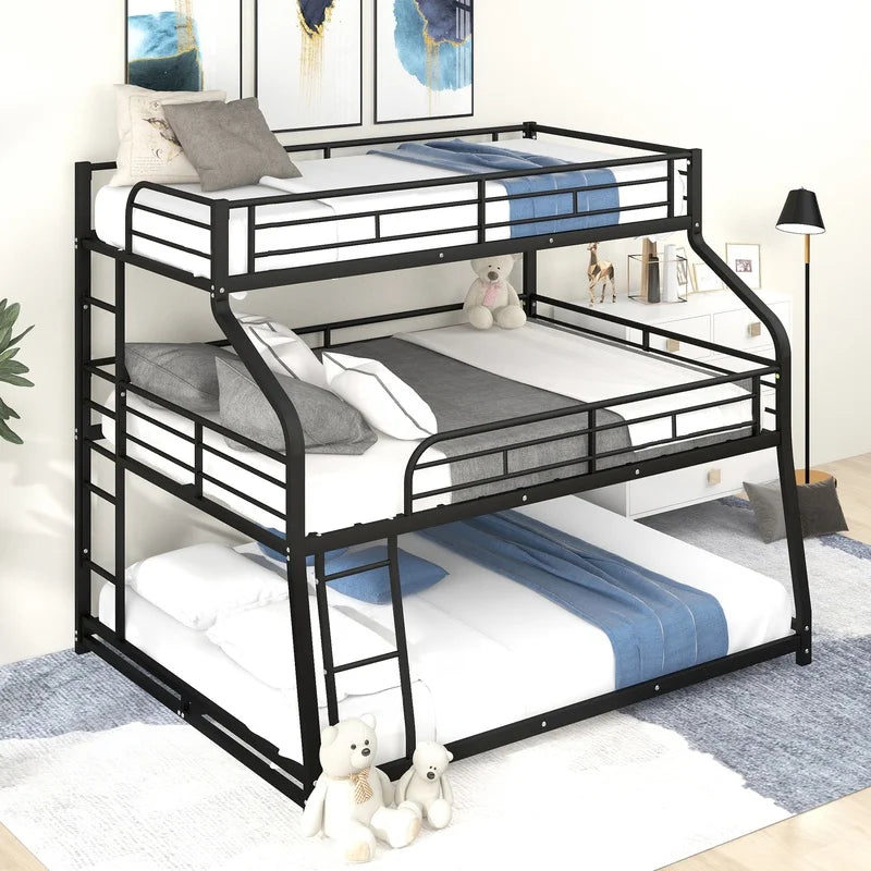 Black Twin XL Full XL Queen Triple Bunk Bed with Long Short Ladder and Full Guardrails