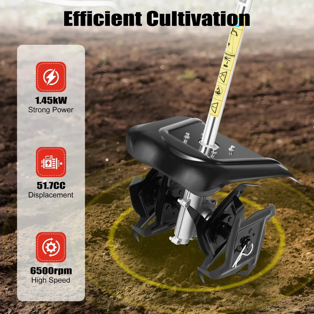 51.7CC 2-Stroke Small Tiller Cultivator, Gas Powered Rototiller Tiller,Engine Air-Cooled and Cordless Design,9.8In Tilling Width
