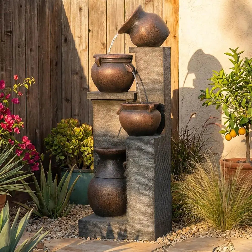 4-Tier Cascading Bowl Outdoor Water Fountain with Lights for Garden, Patio, Backyard, and Home Decor