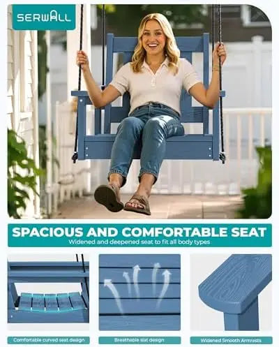HDPE Single Porch Swing, Heavy Duty Single Person Swing Chair with 2 Polypropylene Hanging Ropes, Adirondack Hanging