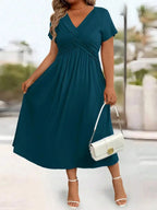 Plus Size Casual Solid V-Neck Cinched Waist A-Line Midi Dress With Pockets For Summer
