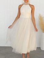 Women Backless Long Tulle Dress Adjustable Halter Neck High Waist Solid Party Wedding Dress