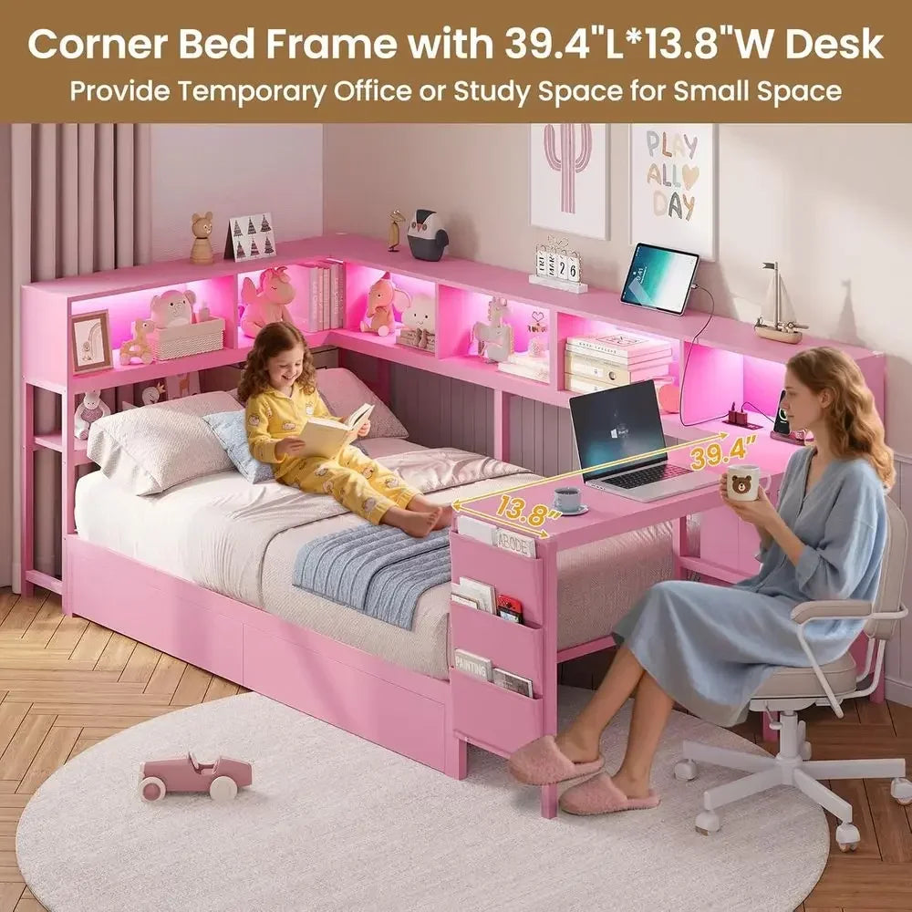 Twin Bed with Desk, Charging Station, Bookcase, and LED Lights for Girls - Storage Daybed, No Box Spring Needed