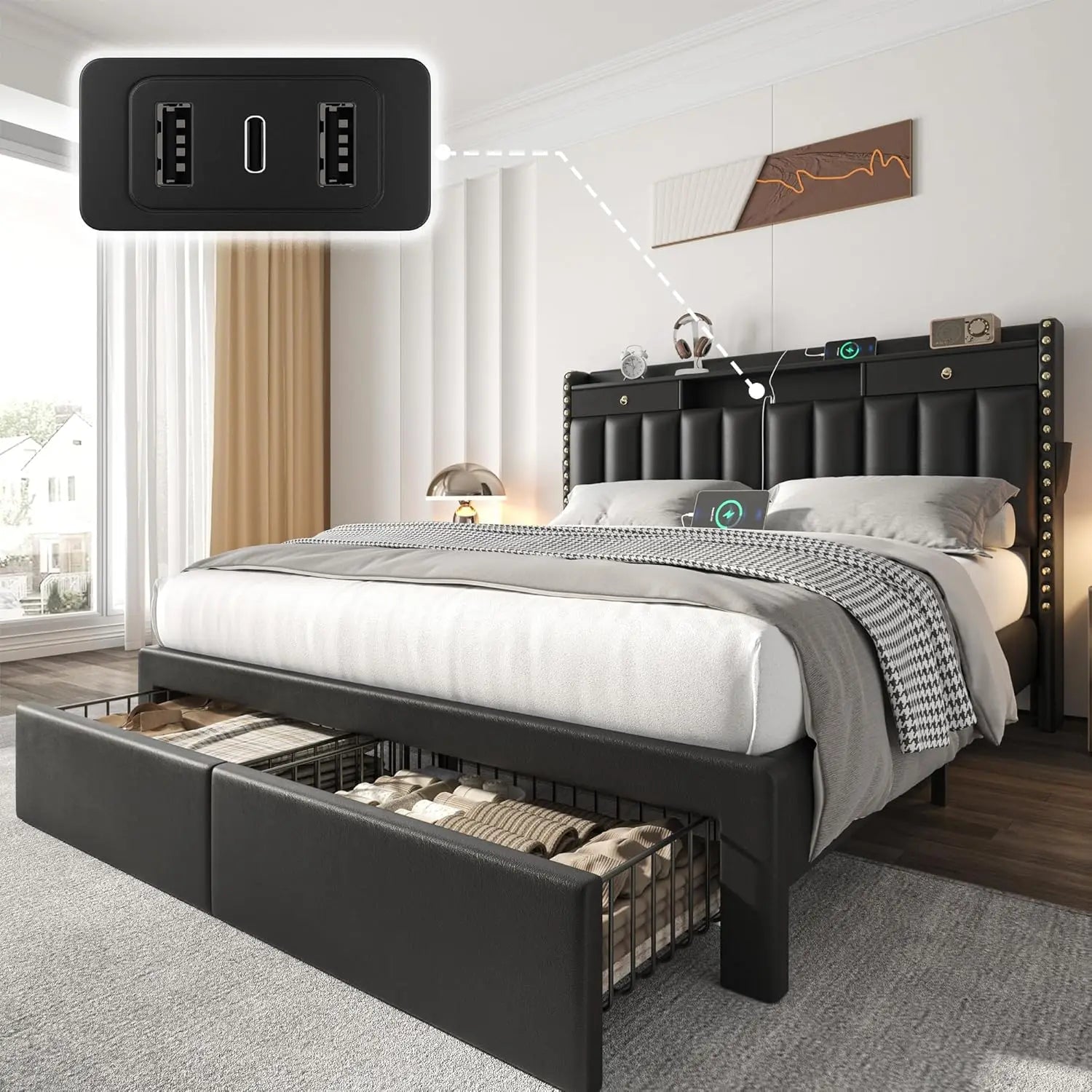 Full Upholstered Platform Bed Frame with Storage Headboard, USB & Type-C Charging Ports, 4 Drawers, Solid Wood, Customized