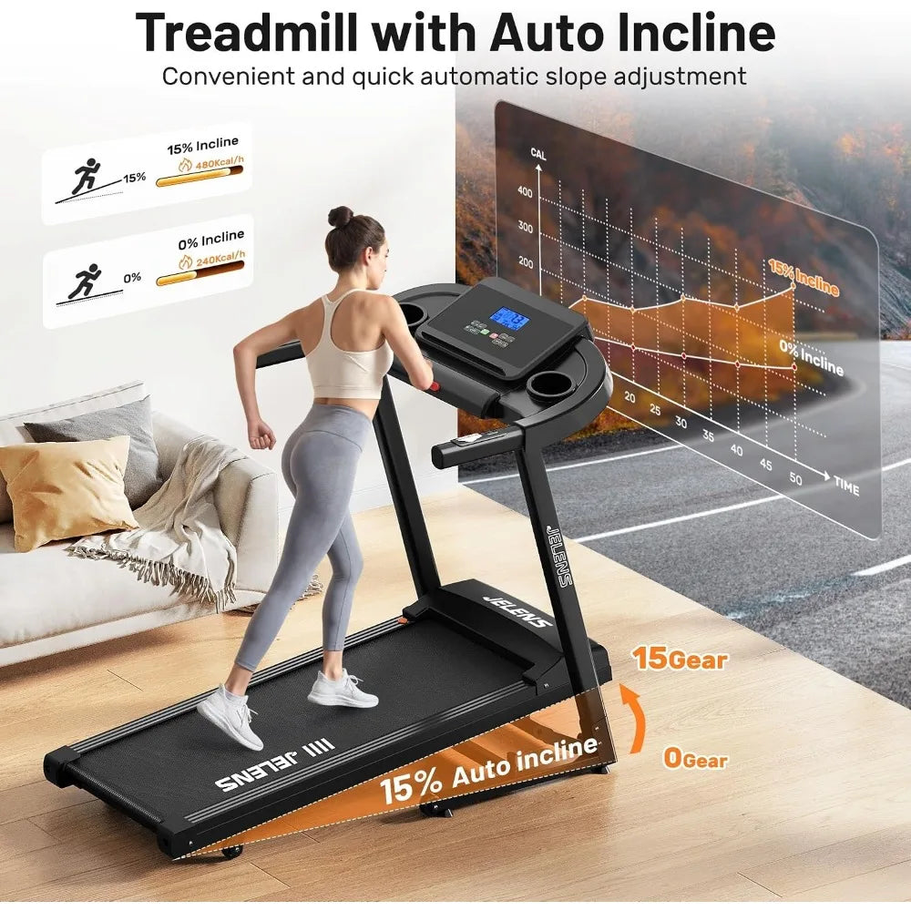Foldable Incline Treadmill: Auto Adjusting, 330LBS Capacity, Pulse Sensors, Quiet 3.0HP, App-Enabled with LCD Display