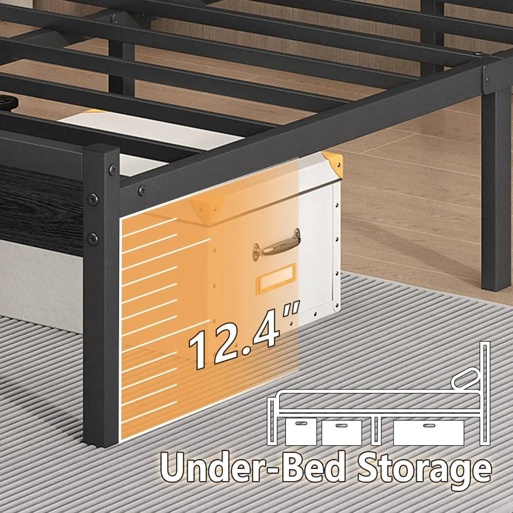 14 Inch Full Size Metal Platform Bed Frame with Headboard, LED & USB Charging, Steel Slats, No Box Spring Needed