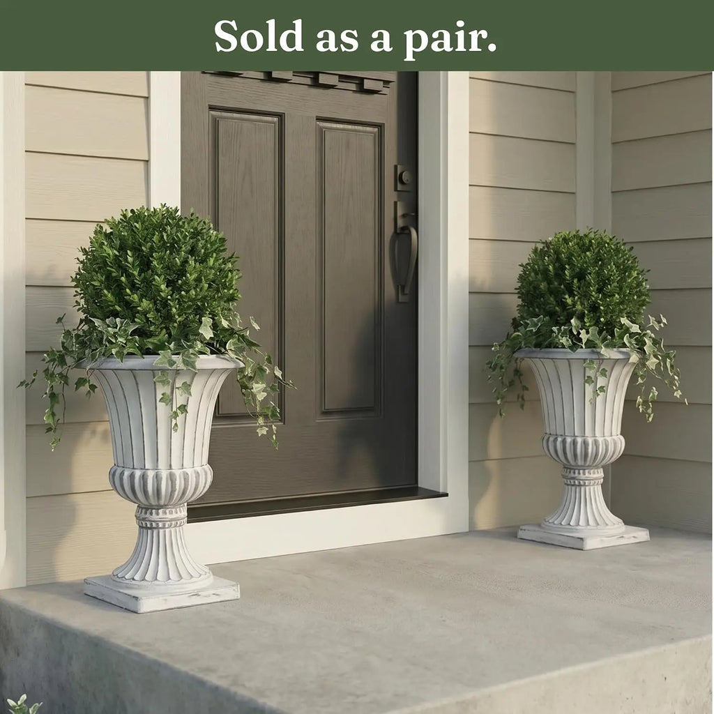 Tall Pedestal Planters Set Stone Resin Outdoor Garden Urns Front Porch Entryway Deck Patio Plant Pots Flower Container Stand Decor White 2 Pack