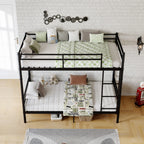 Twin Over Twin Metal Bunk Bed Convertible 2 Single Beds Heavy Duty Noise-Free Frame With Ladder Guardrails No Box Spring Needed Black