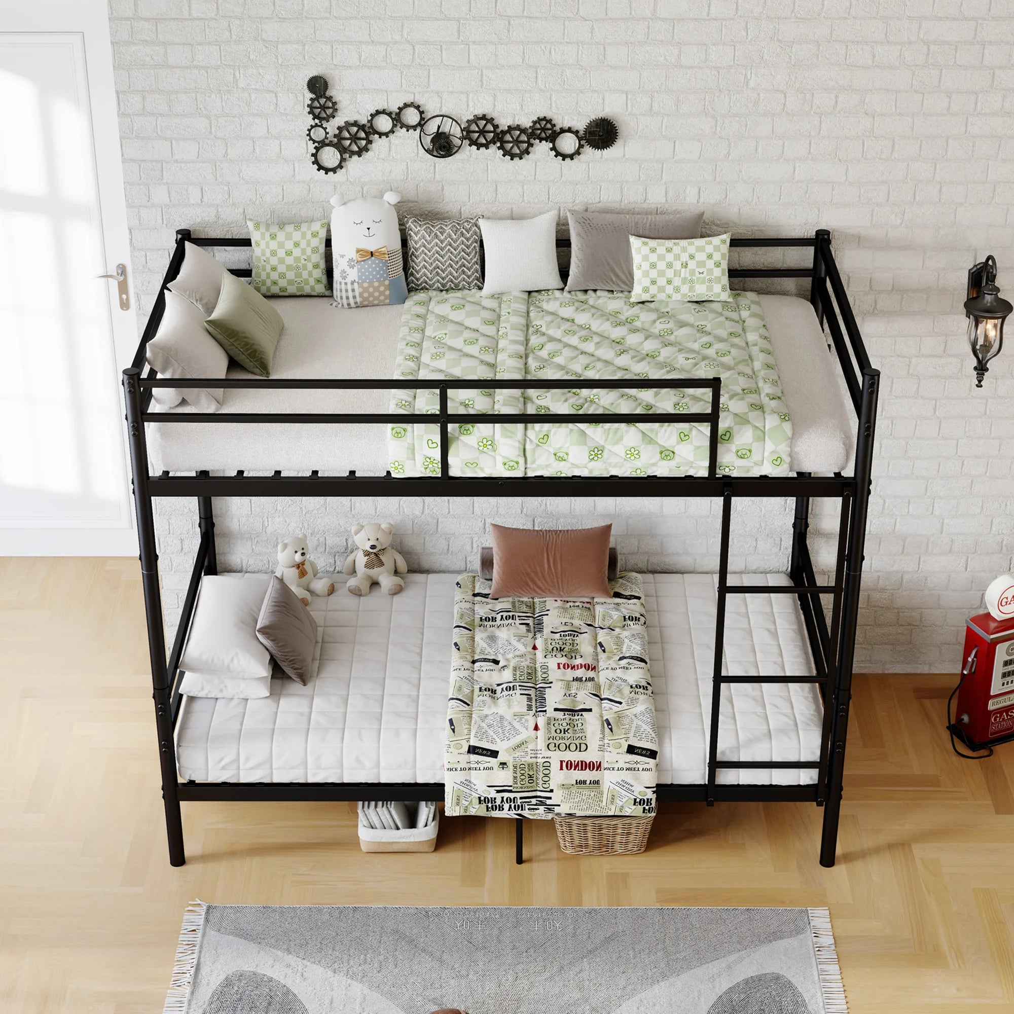 Twin Over Twin Metal Bunk Bed Convertible 2 Single Beds Heavy Duty Noise-Free Frame With Ladder Guardrails No Box Spring Needed Black