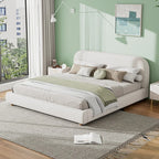 White King Size Upholstered Bed with Curved Headboard and Solid Wood Legs