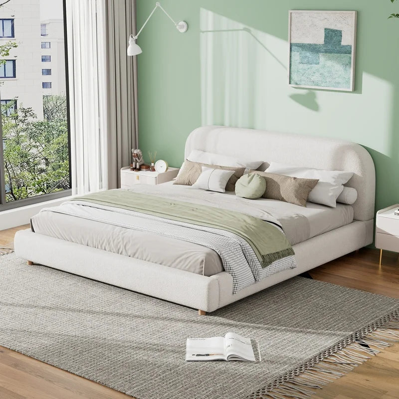 White King Size Upholstered Bed with Curved Headboard and Solid Wood Legs