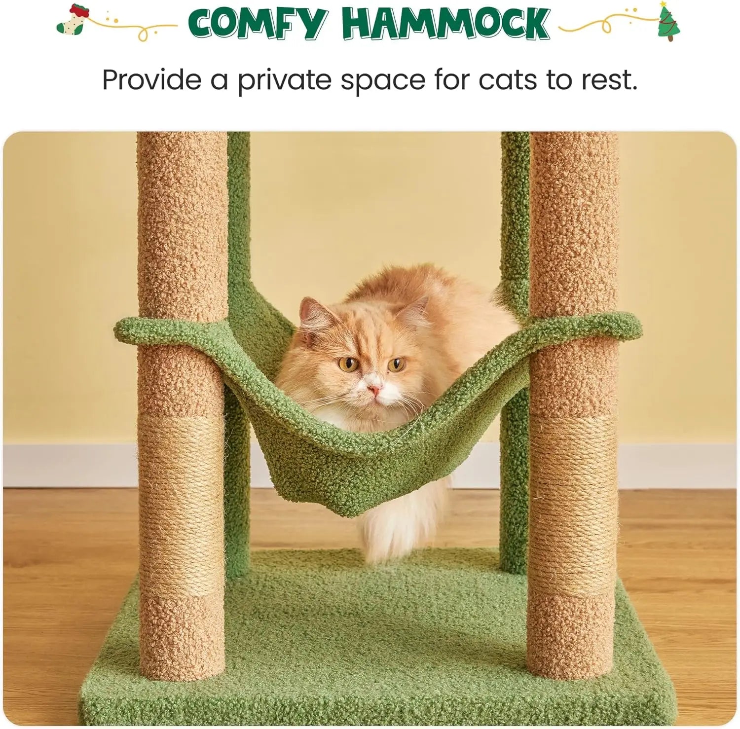 Indoor Cat Tree - 63.8 Inches, Green, Sisal-Covered, with Padded Platform, Hammock and Dangling Toys