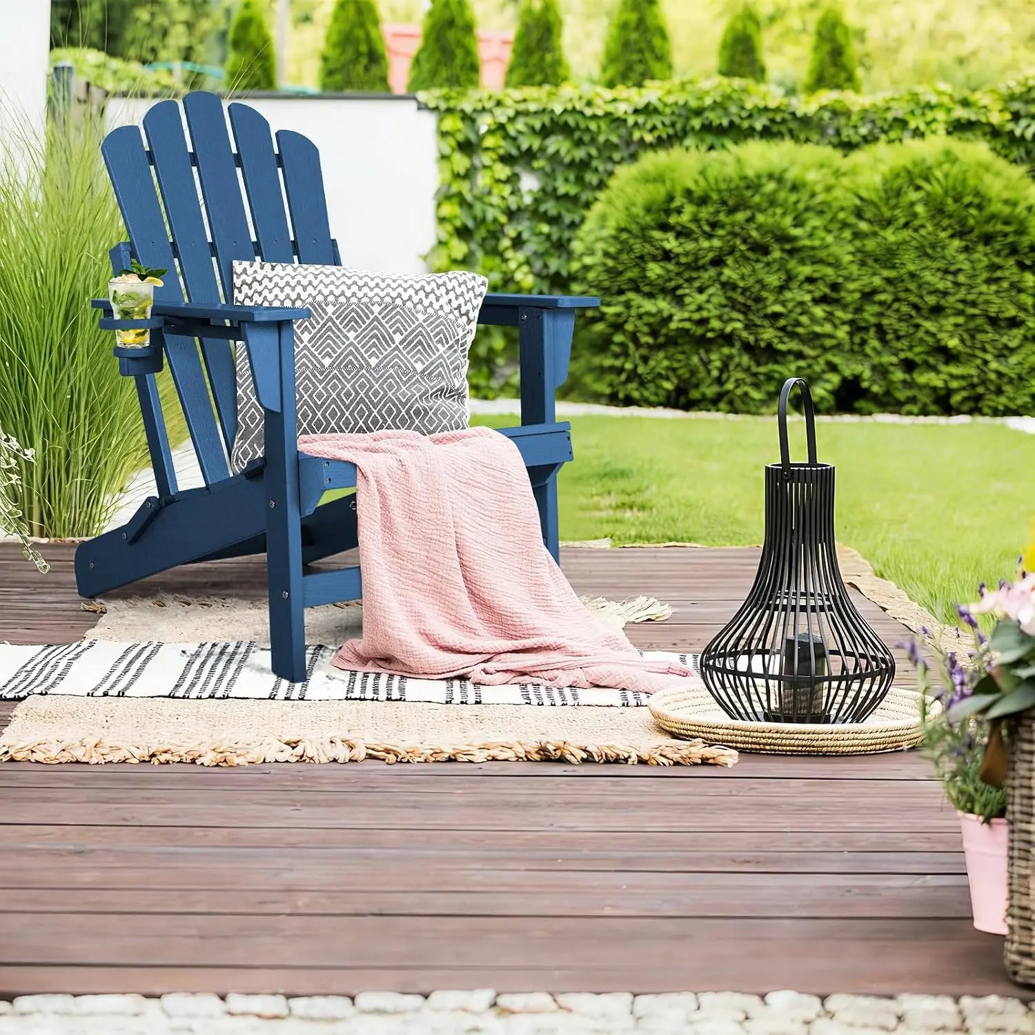 Folding Adirondack Chairs Set of 2, All Weather HDPE Wood Texture Fire Pit Chairs with Cup Holder for Outdoor, Customized