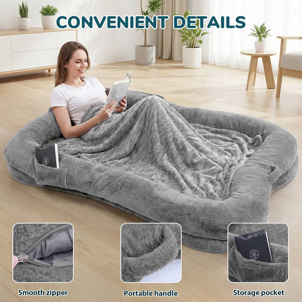 Portable Human Dog Bed Washable Large Size Non Slip Bottom Comfortable Plush Giant Size Dog Bed with Blanket and Pocket for Home