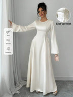 Elegant Ivory A-Line Satin Maxi Dress With Cinched Waist And Flare Sleeves