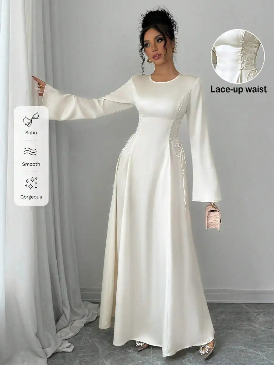 Elegant Ivory A-Line Satin Maxi Dress With Cinched Waist And Flare Sleeves