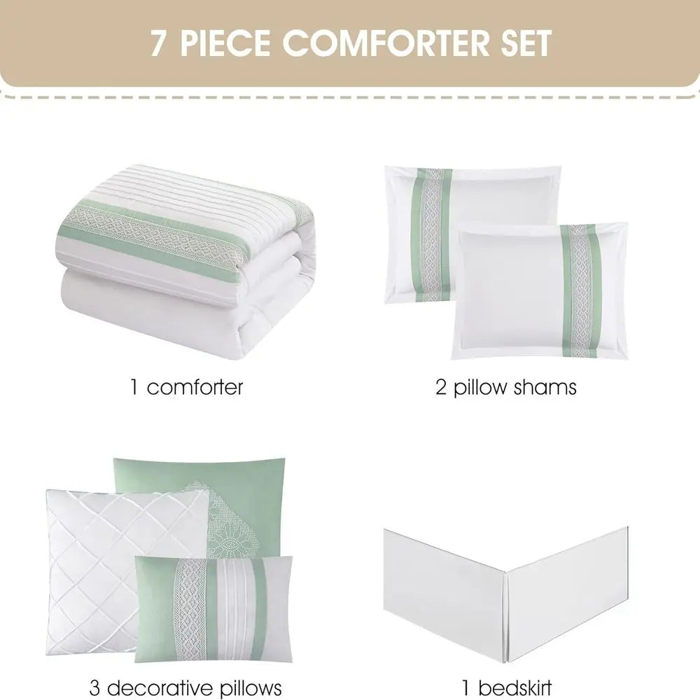 Queen Size Sage Green 7-Piece Comforter Set with Microfiber All-Season Bedding, Bed Skirt, Pillows, and Shams