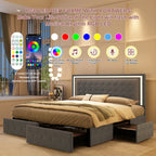 GEGOFORU Queen LED Bed Frame with 4 Storage Drawers, RGBW Headboard, PU Upholstered, No Box Spring Needed, 900 lbs Support