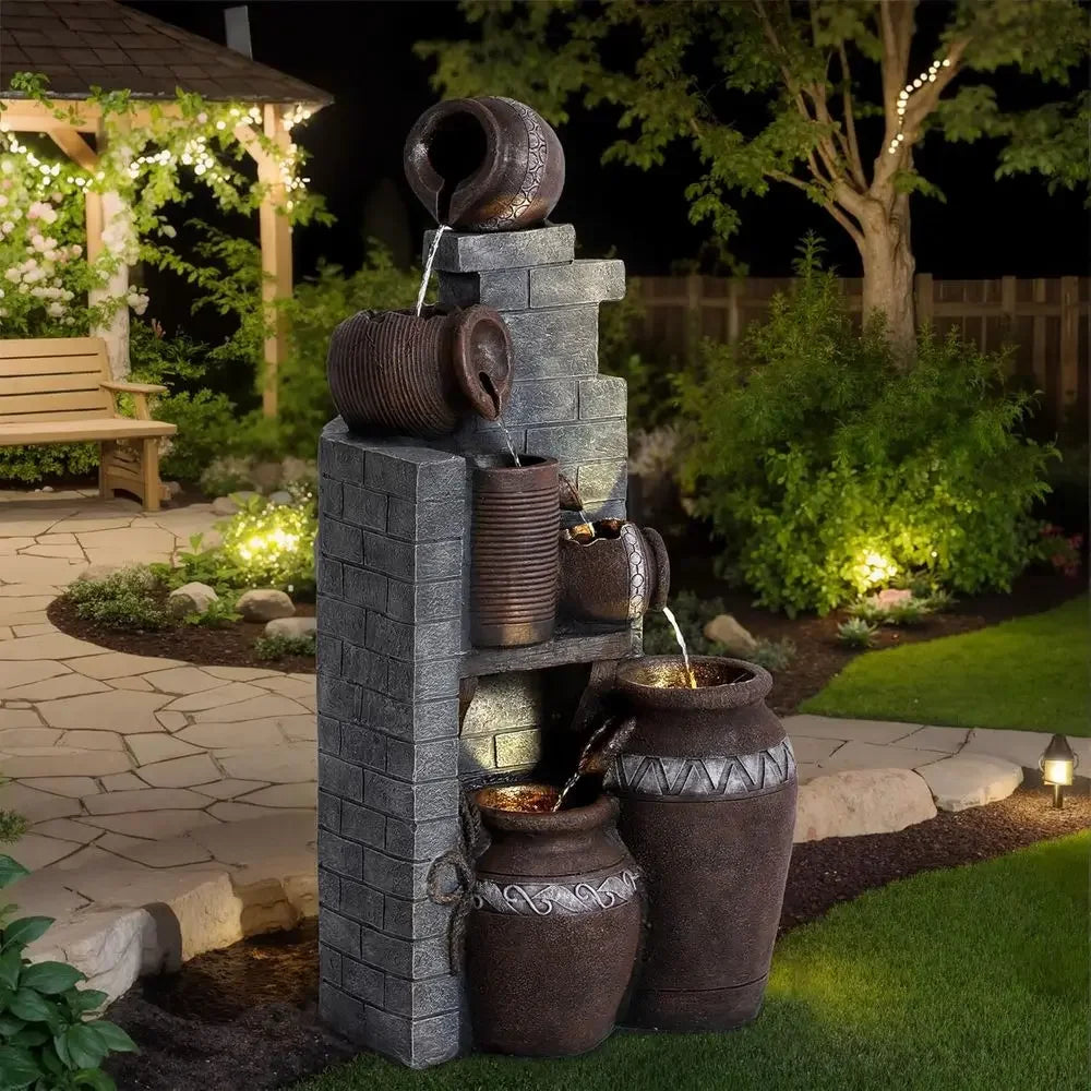 6-Tier Cascading Waterfall Fountain with LED Lights for Gardens, Landscaping, Patios, and Balconies (Gray)
